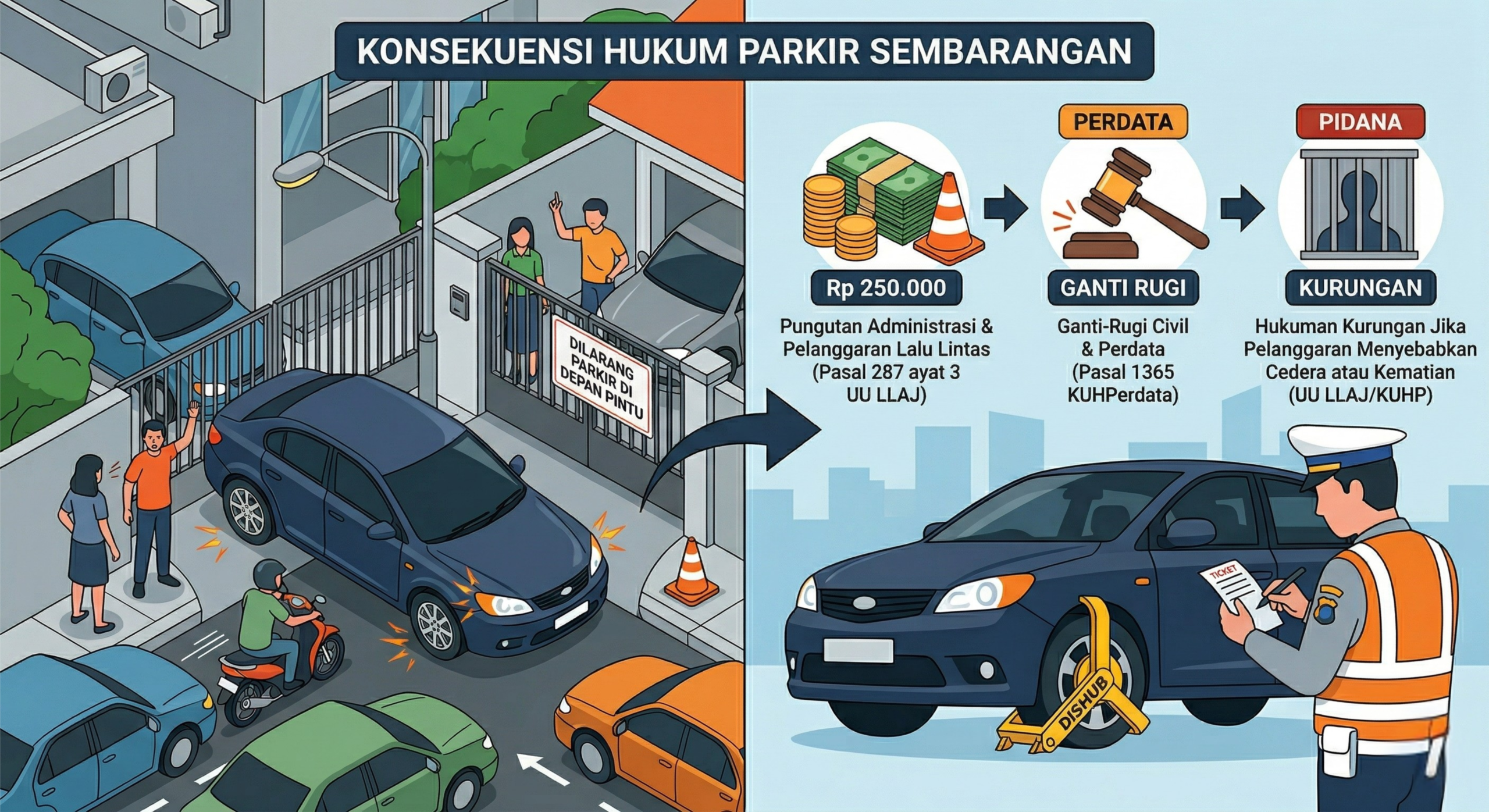 PARKIR SEMBARANGAN YANG MERUGIKAN ORANG LAIN: DARI PELANGGARAN LALU LINTAS HINGGA TANGGUNG JAWAB HUKUM